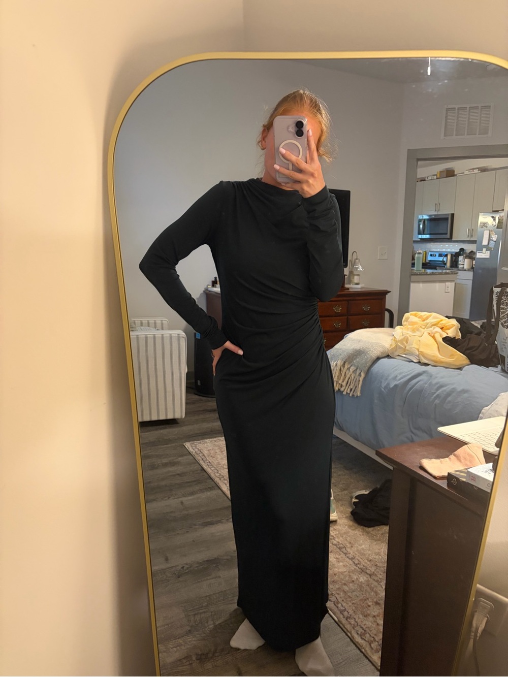 Dark green Zara Long Sleeve Ruched Maxi Dress